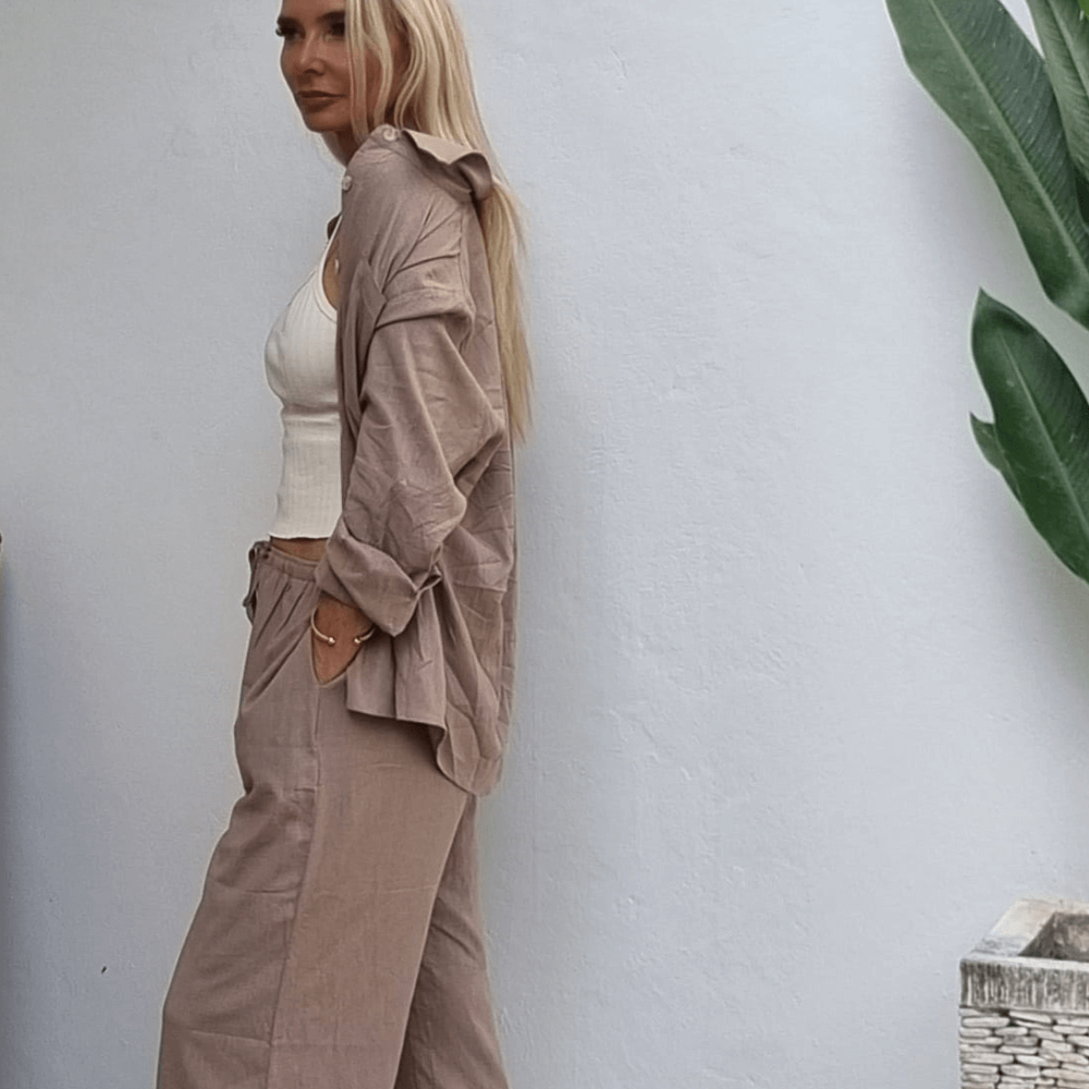 Linen Shirt & Pants Co-Ord in Taupe