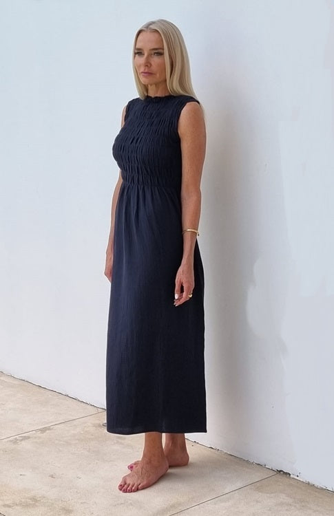 CECILIA SÖRENSEN  Organic Cotton Muslin Sleeveless Dress in Navy Blue side view 8