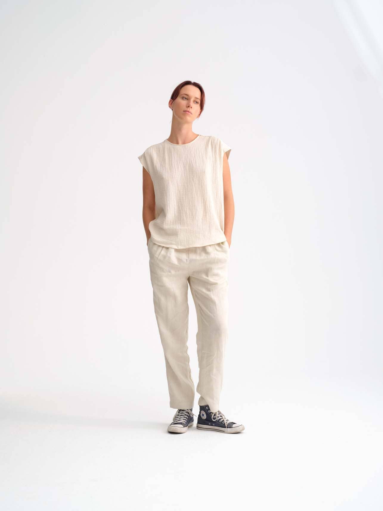 DAUCUS TOP Organic Muslin Sand  Linen on Model Style Society Marketplace