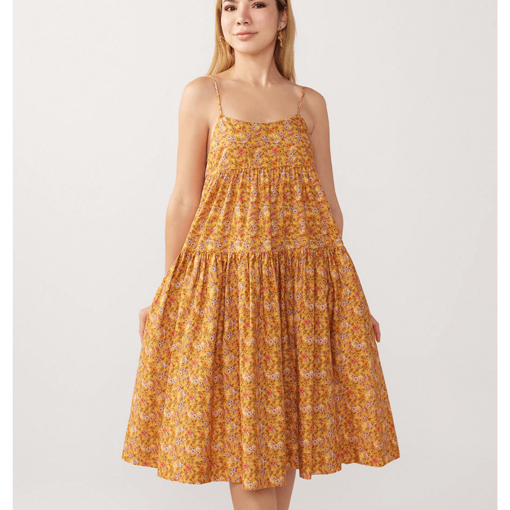 Golden Blooms Floral Vivien Midi Dress Organic cotton Dress for Petites