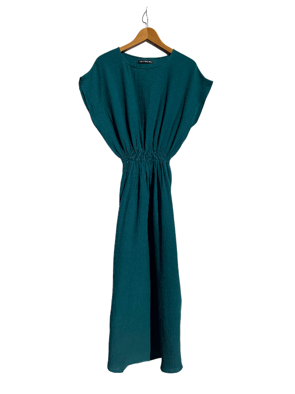 Magnolia Petrol Green Organic Double Gauze Dress on hanger