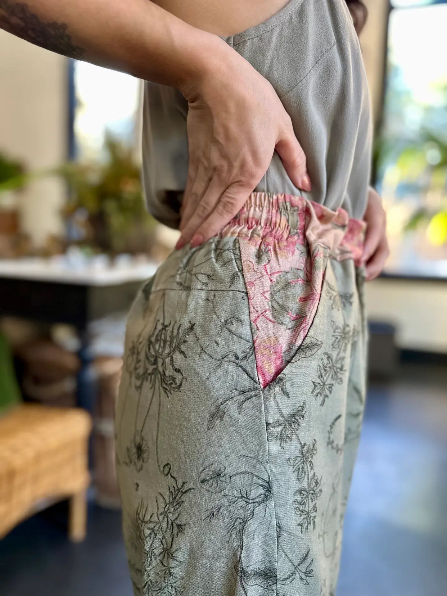 Market of Stars Map of My Heart Printed Boho Artist Pants in Sage side pocket view - Style Society Marketplace