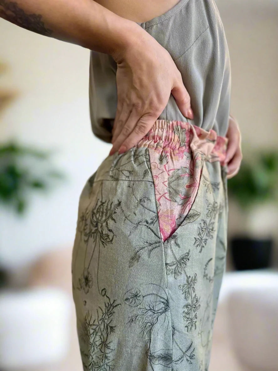 Market of Stars Map of My Heart Printed Boho Artist Pants in Sage side pocket view - Style Society Marketplace