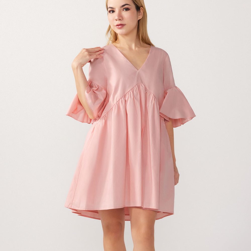 Petal Pink Vee Mini Dress Organic Cotton dress for Petites