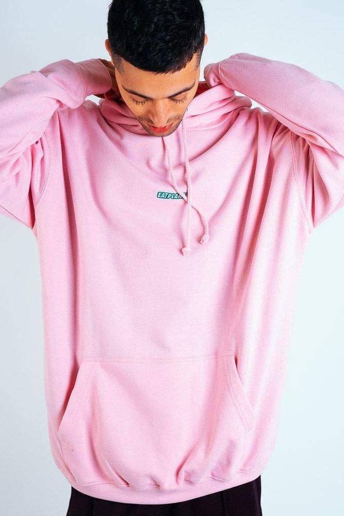 Premium Bubblegum Pink Hoodie with Embroidered EAT PLANTS Slogan Men