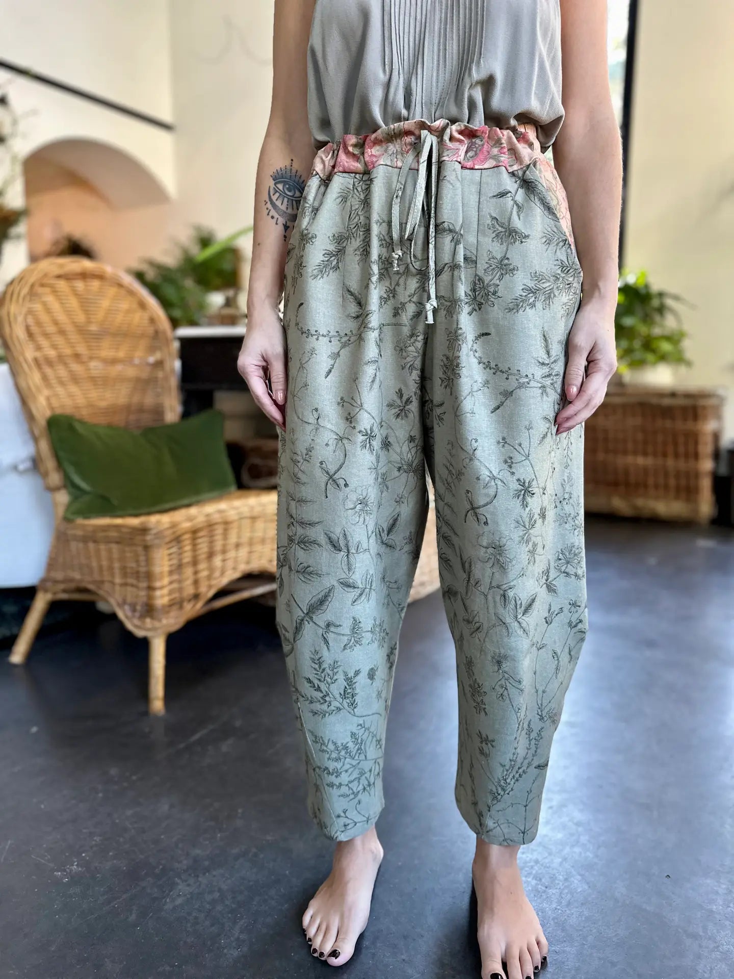 Market of Stars Map of My Heart Printed Boho Artist Pants in Sage front view with drawstring  - Style Society Marketplace