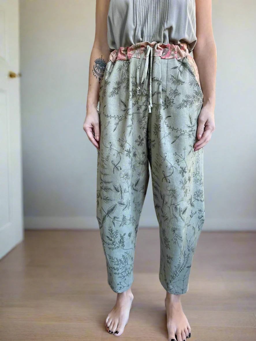 Market of Stars Map of My Heart Printed Boho Artist Pants in Sage front view with drawstring  - Style Society Marketplace