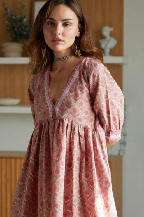 Fox & Mermaid block printed pink cotton floral dress ethically made. Style Society Marketplace