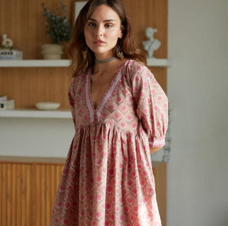 Fox & Mermaid block printed pink cotton floral dress ethically made. Style Society Marketplace