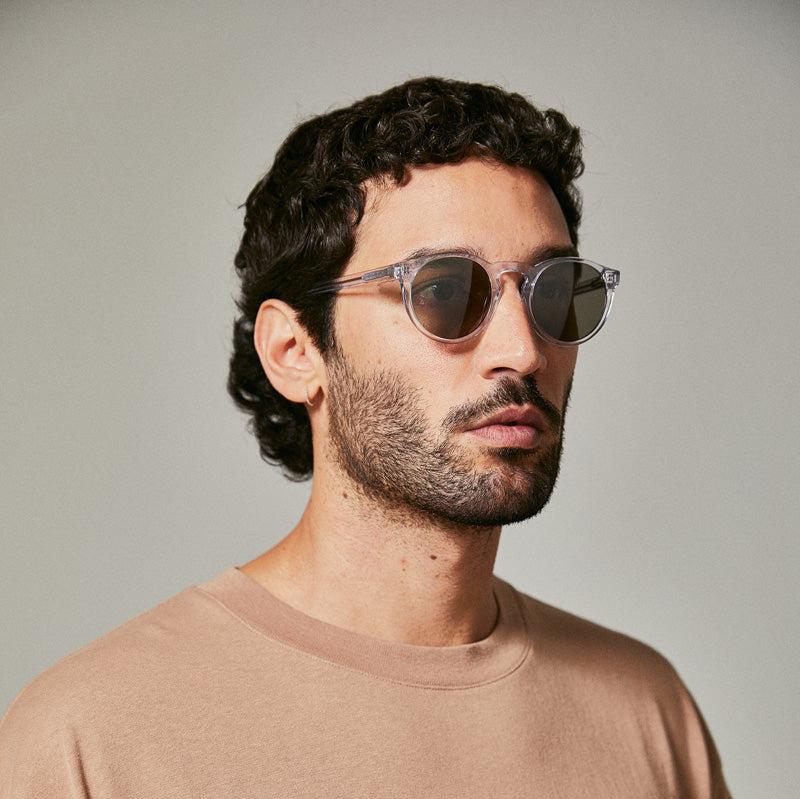 Male model wearing translucent polarised sunglasses