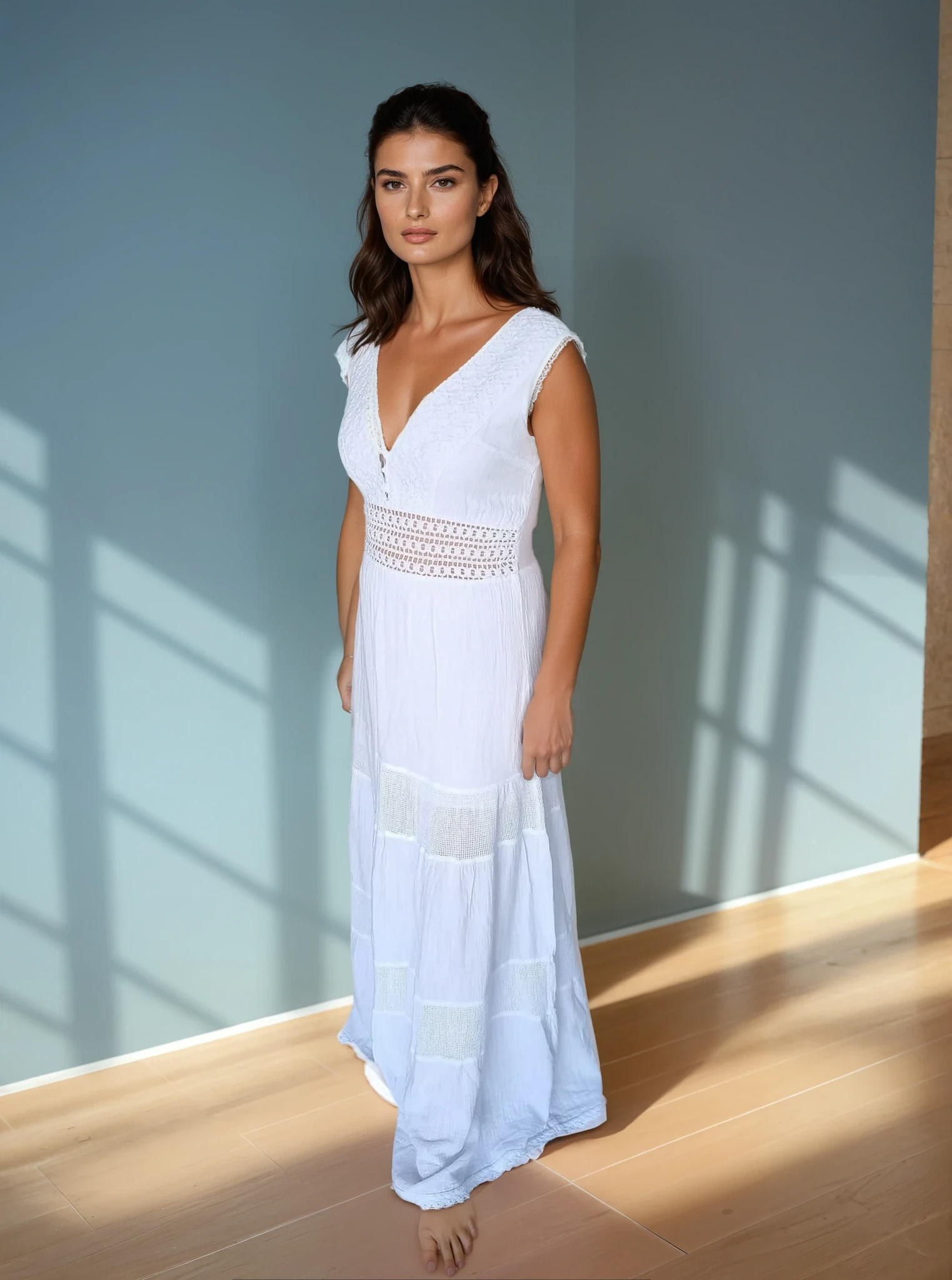 Saint Tropez Long V-Neck White Cotton Dress