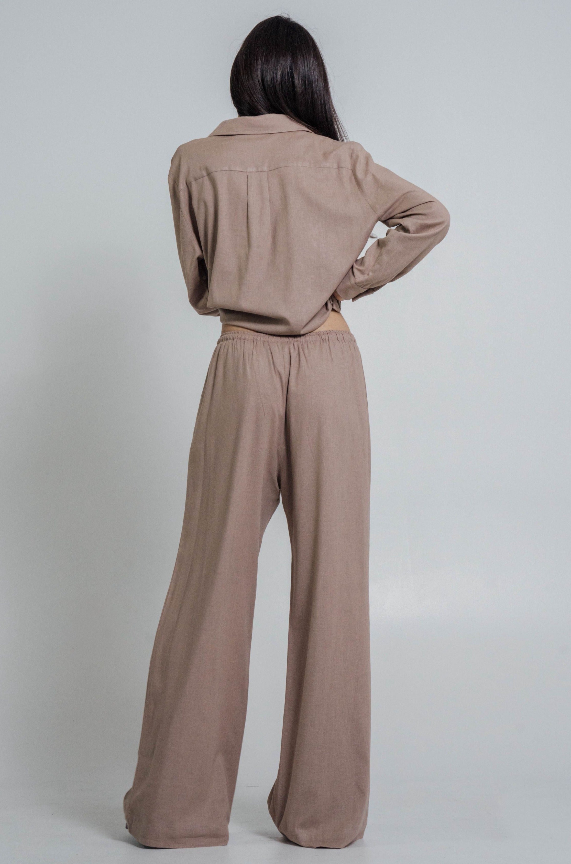 Wildflo Studio Linen Shirt & Pants Co-Ord in Taupe at Style Society Marketplace set back view