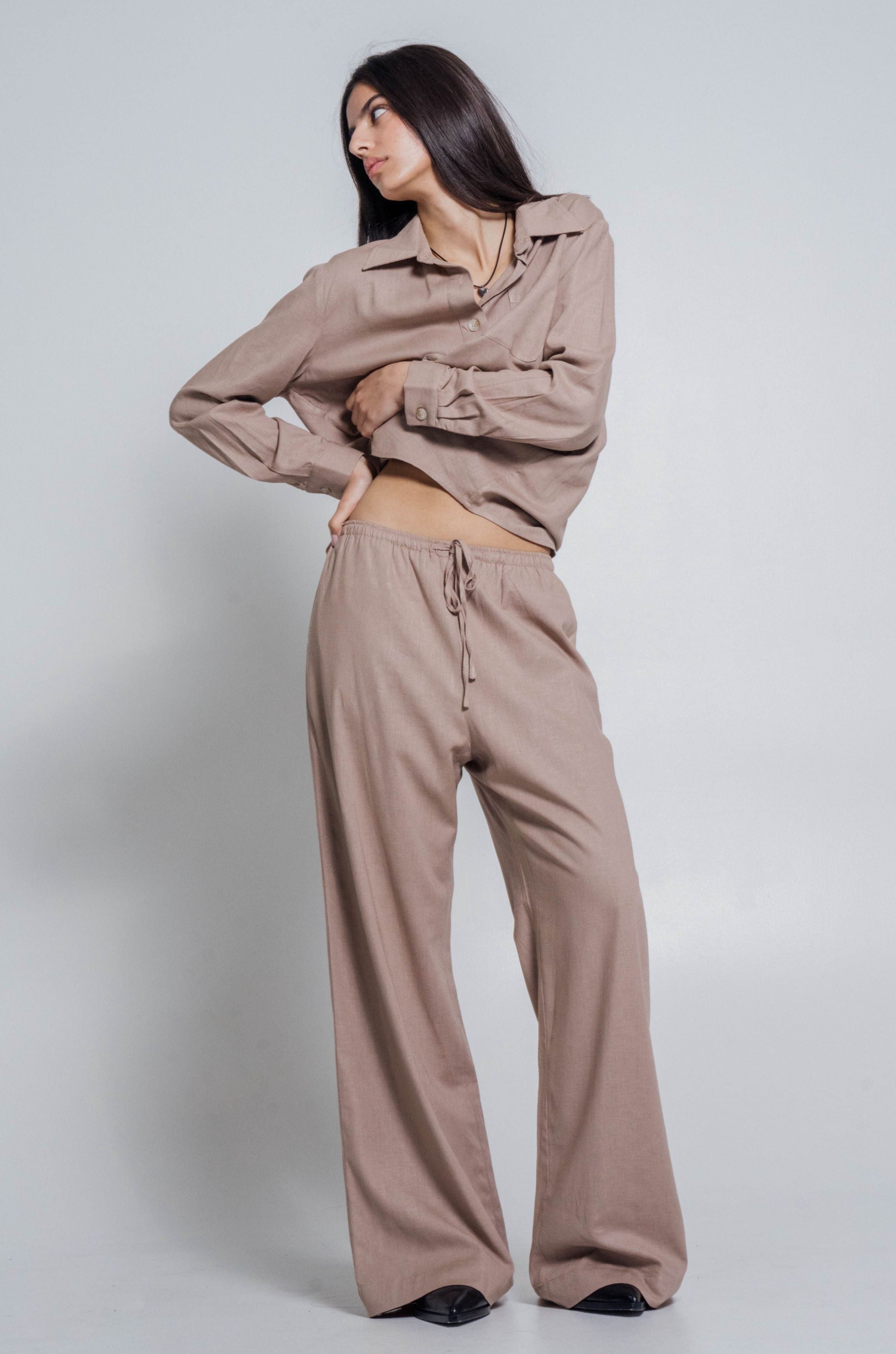 Wildflo Studio Linen Shirt & Pants Co-Ord in Taupe at Style Society Marketplace ultra soft sustainable fabric