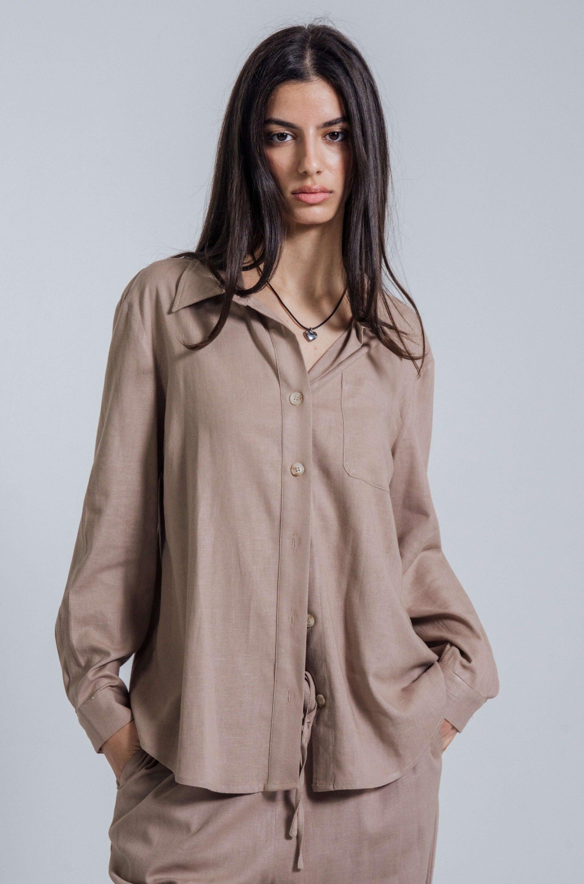 Wildflo StudioThe Linen Shirt in Taupe at Style Society hanging shirt