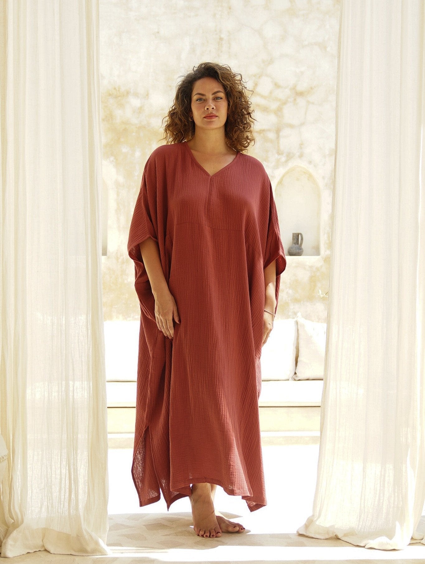 Shanti Cotton Guaze Kaftan - Saffron