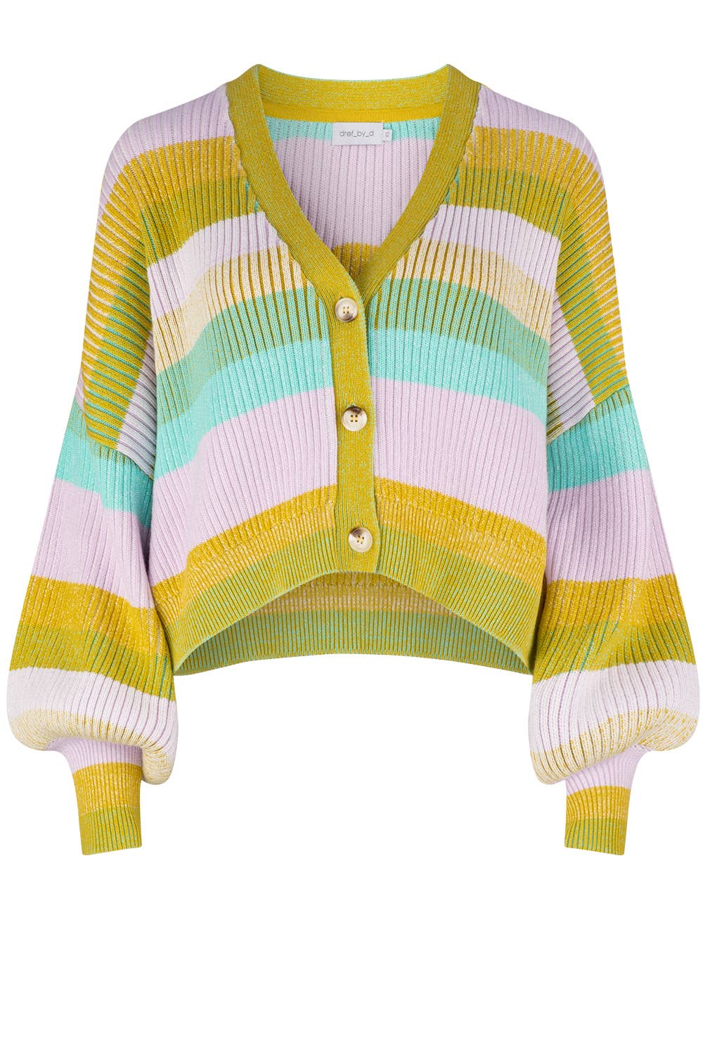 dref_by_d Gelato Coloured with aua, yellow and light pink striped Rainbow Cardigan with large buttons available at Style Society Marketplace.  This cardigan sits just above the hips.  Ladies Fashion, ideally for brightening a cooler day.