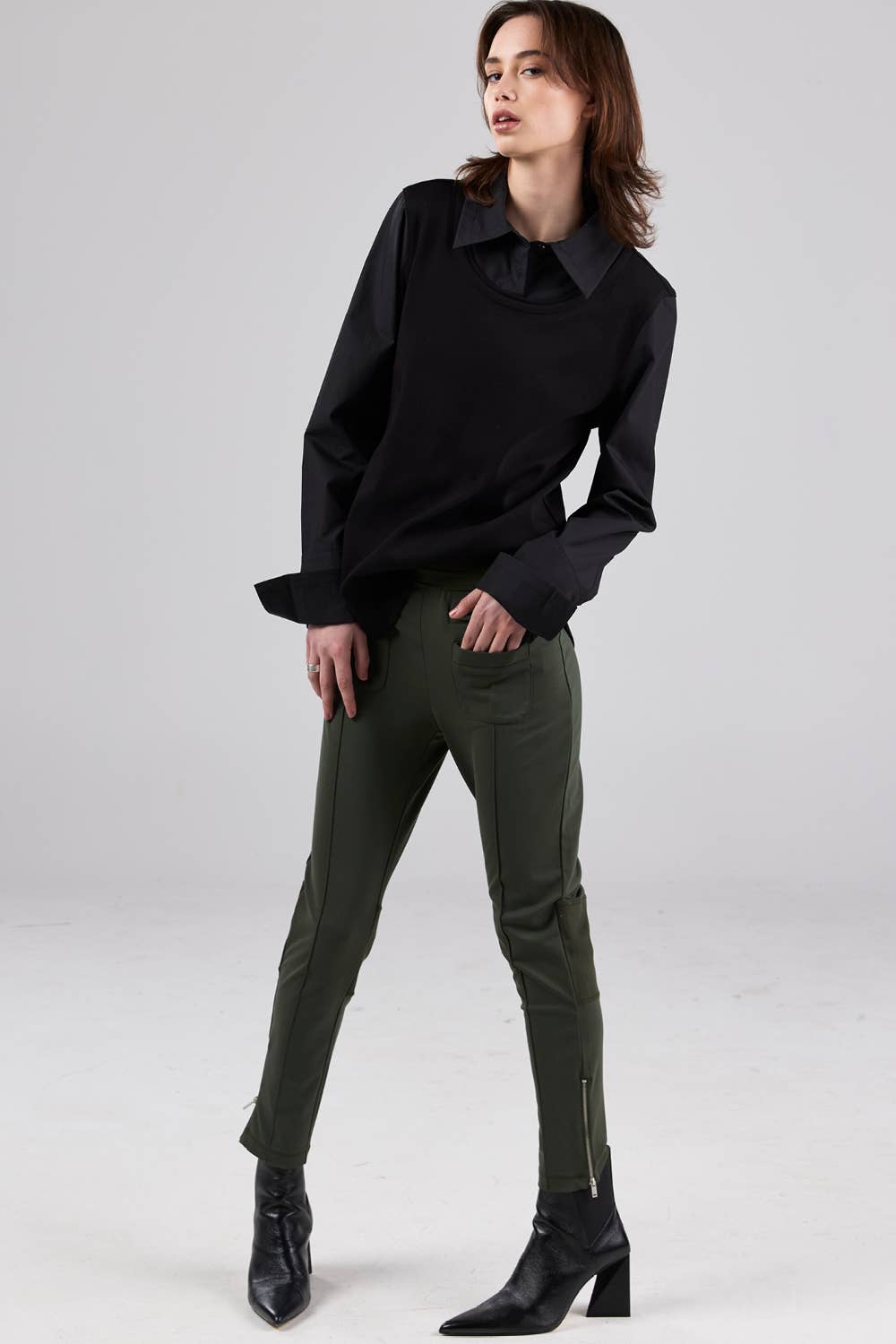 dref_by_d The Girlfriend Pant in Khaki Style Society Marketplace brunette model 