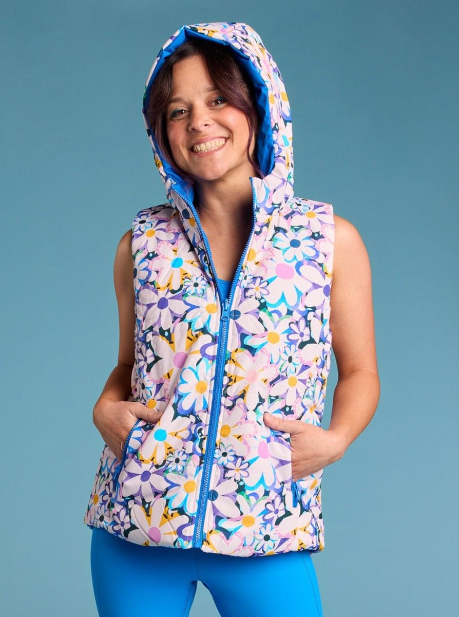 Garden Reef Reversible Hooded Puffer Vest- Adults - floral puffer vest with hood petite women - Style Society Marketplace