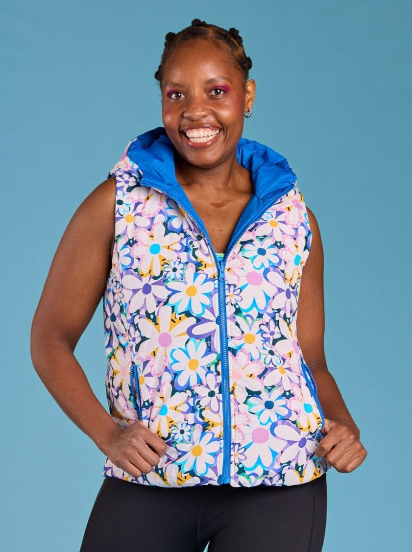 Garden Reef Reversible Hooded Puffer Vest- Adults - floral puffer vest tall women - Style Society Marketplace