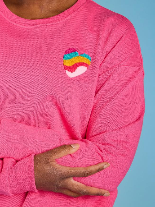 Rainbow at Heart Organic Cotton Sweatshirt - Dolly Pink - pink jumper with embroidered love heart - Style Society Marketplace